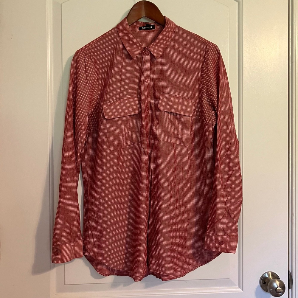 EXPRESS Button Up Blouse Red & White Polka Dot Shirt Women's Size L Chic Preppy